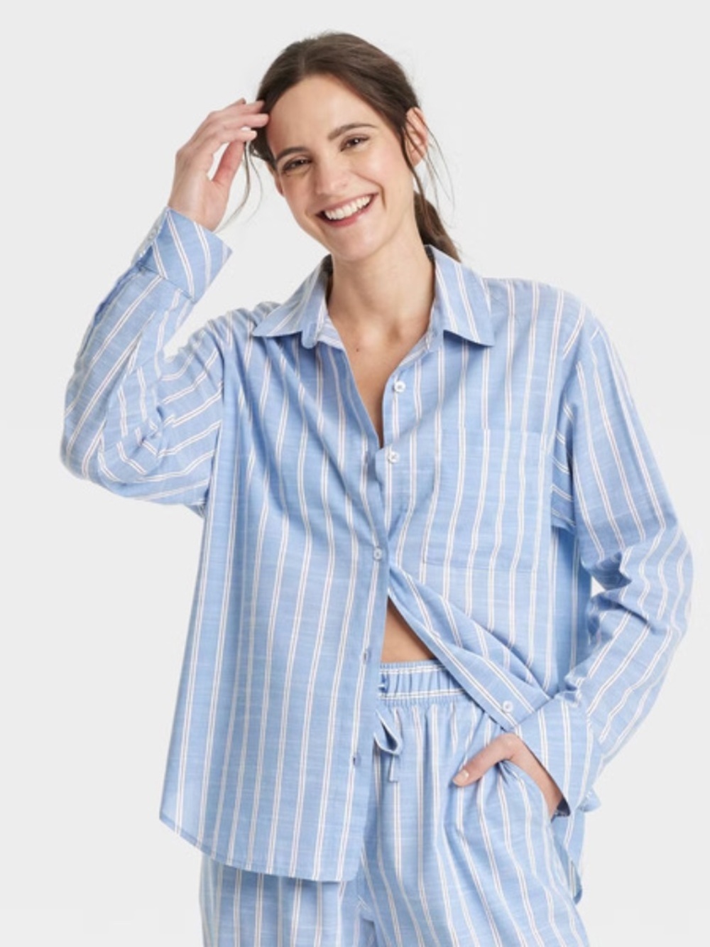 Auden Cotton Blend Striped Button Up Sleep Shirt In Blue Size XL (NWT)